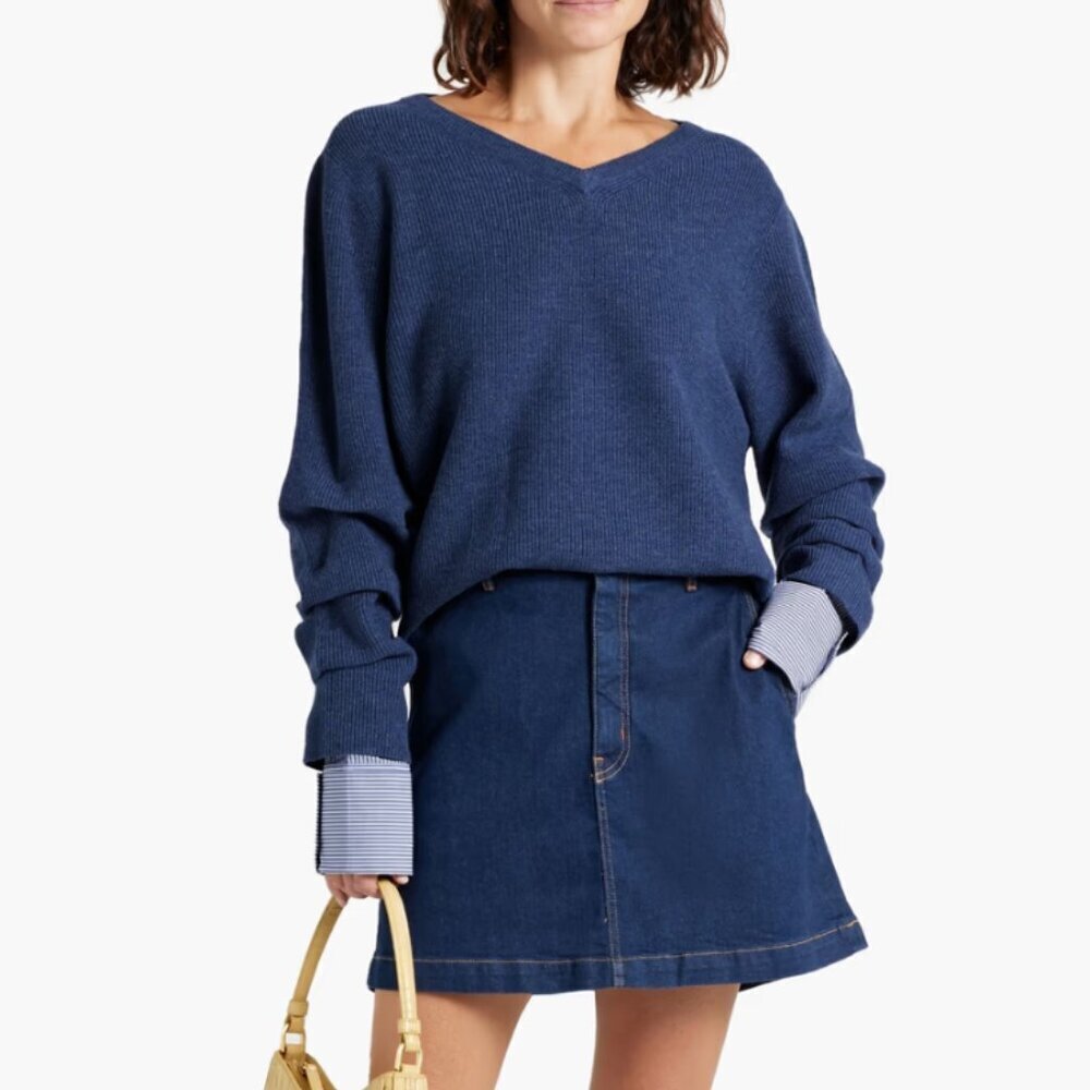 Derek Lam 10 Crosby Cassie Mixed Media Poplin-Paneled Wool Sweater, Blue, L